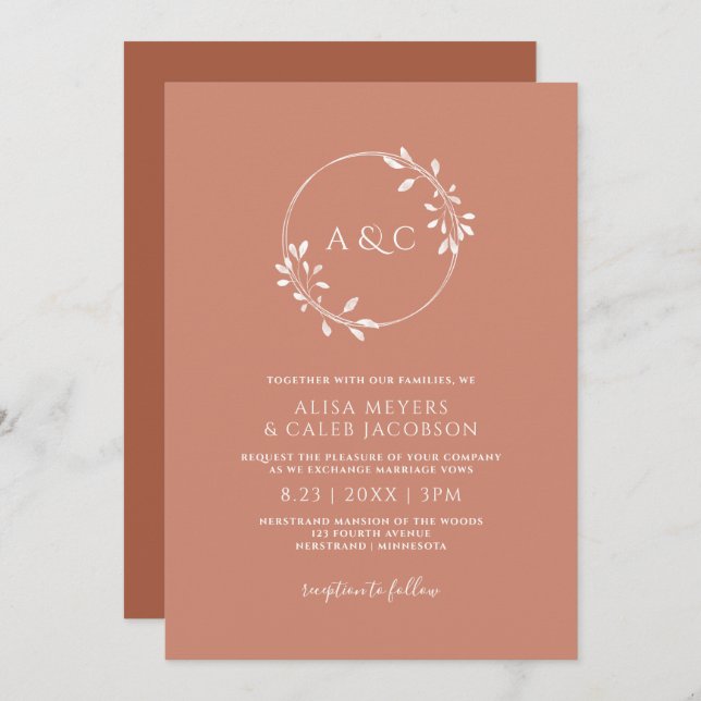 Invitation Boho Terracotta et rouille Mariage simple couronne (Devant / Derrière)