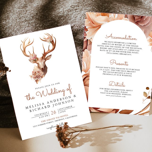 Invitation Boho Terracotta Fleur Décor Cerf Tout en Un Mariag (Créateur téléchargé)