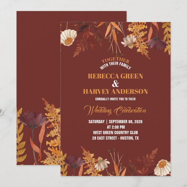 Invitation Boho Terracotta Fleur sauvage Mariage de automne d (Devant / Derrière)
