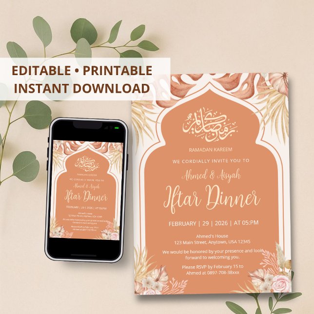 Invitation Boho Terracotta Floral Islamic Arch Iftar Dinner (Créateur téléchargé)