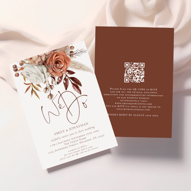 Invitation Boho Terracotta Florals Nous faisons QR Code Maria (Front and back view)
