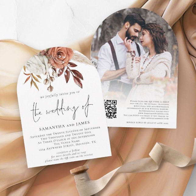 Invitation Boho Terracotta Florals Photo QR Code Mariage (Front and back view)