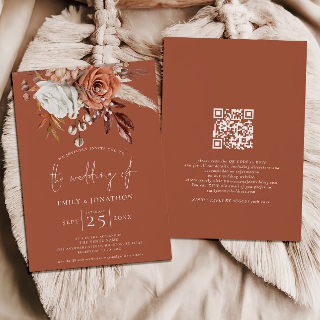 Invitation Boho Terracotta Florals QR Code Mariage rouille (Front and back view)