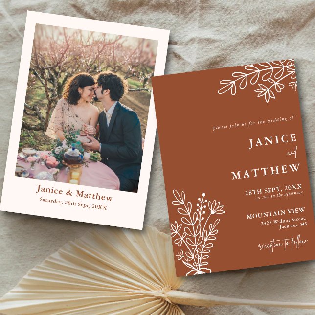 Invitation Boho Terracotta Orange Brûlé Rustique Photo Mariag (Boho terracotta photo wedding invitation showcases your love with warm rustic charm.)