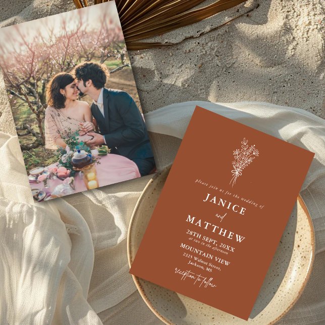 Invitation Boho Terracotta Orange Brûlé Rustique Photo Mariag (Boho terracotta photo wedding invitation showcases your story with warm rustic charm.)