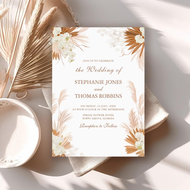 Invitation Boho Terracotta Pampas Grass Orchid Mariage (Boho Terracotta Pampas Grass Orchid Wedding Invitation on a boho wedding table)