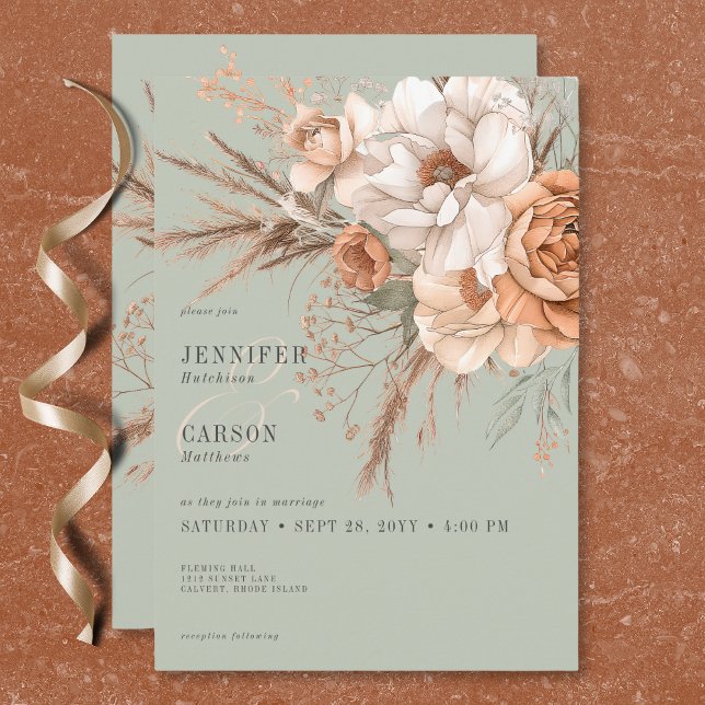 Invitation Boho Terracotta Pêche & Crème Floral Vert Mariage (Boho Terracotta Peach & Cream Floral Green Wedding Invitation)