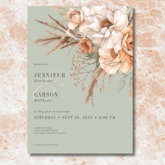 Invitation Boho Terracotta Pêche & Crème Floral Vert Mariage (Boho Terracotta Peach & Cream Floral Green Wedding Invitation)