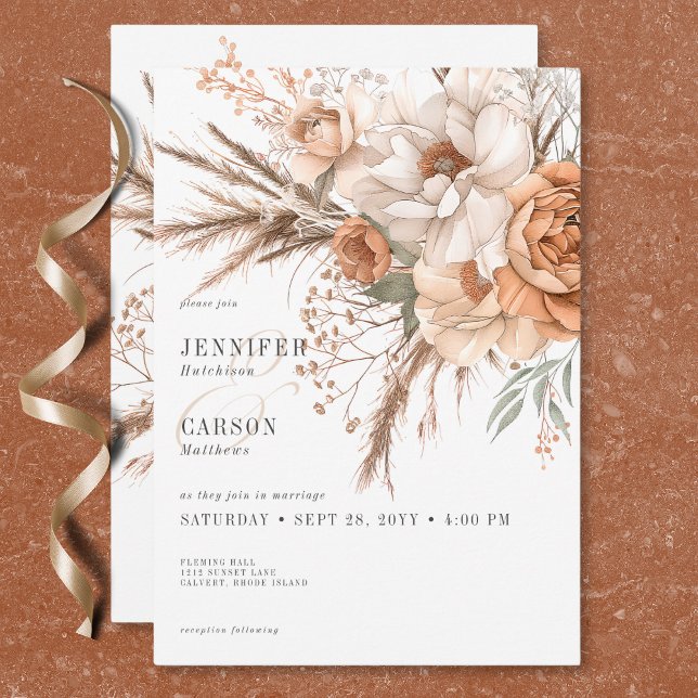 Invitation Boho Terracotta Pêche & Crème Florale Blanc Mariag (Boho Terracotta Peach & Cream Floral White Wedding Invitation)