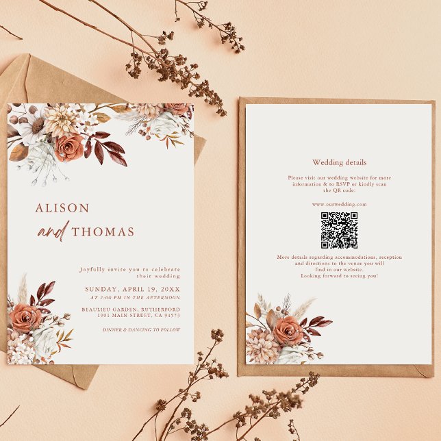 Invitation Boho Terracotta QR Code 2 en 1 Mariage (Créateur téléchargé)