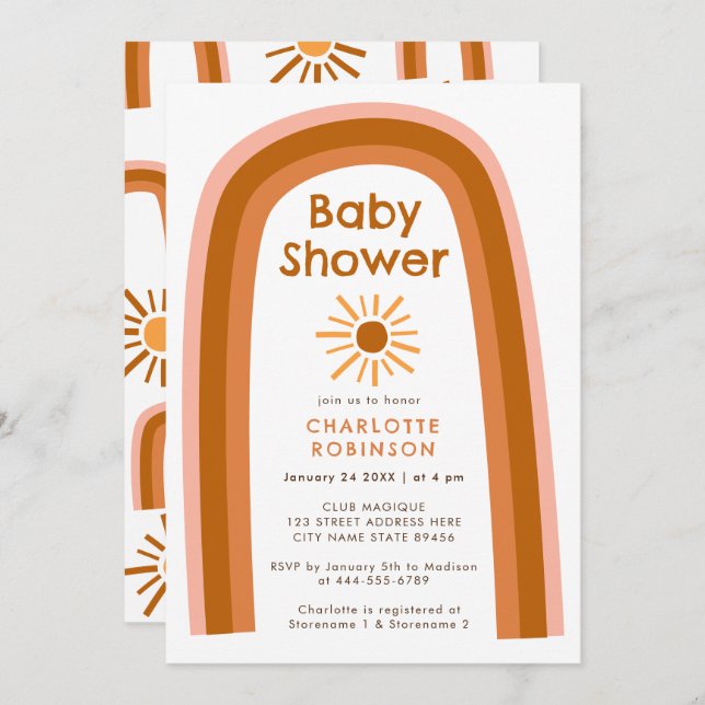 Invitation Boho Terracotta Rainbow Sun Baby shower (Devant / Derrière)