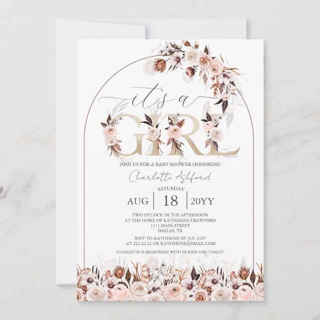 Invitation Boho Terracotta rose Floral Baby shower fille (Devant)