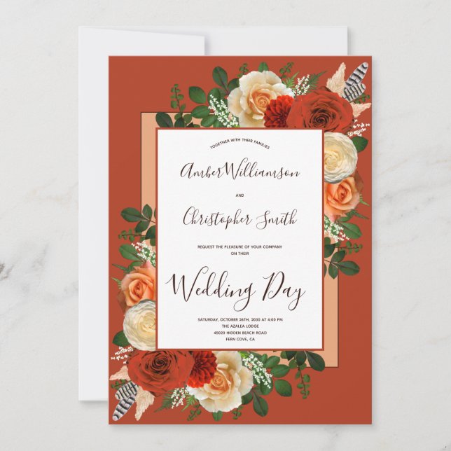 Invitation Boho Terracotta rouille Floral Pampas Mariage en h (Devant)