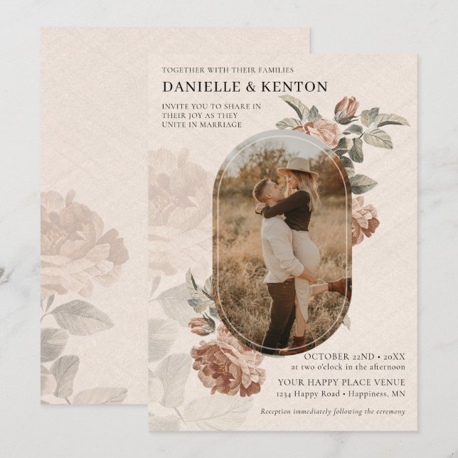 Invitation Boho Terracotta Sage Verdure Ovale Photo Mariage | (Devant / Derrière)