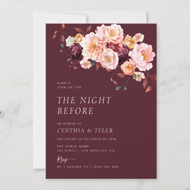 Invitation boho tomber floral bordeaux la veille (Devant)