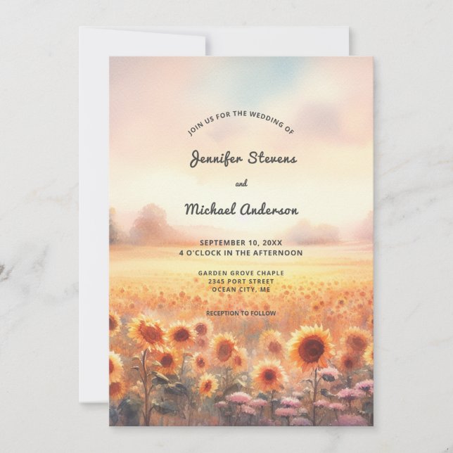 Invitation Boho Tournesol Aquarelle Rustique Mariage Champêtr (Devant)