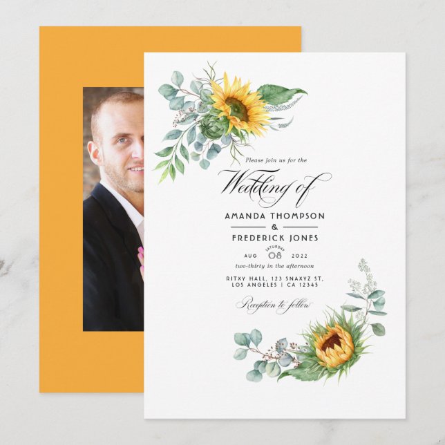 Invitation Boho Tournesol Eucalyptus Photo Mariage (Devant / Derrière)
