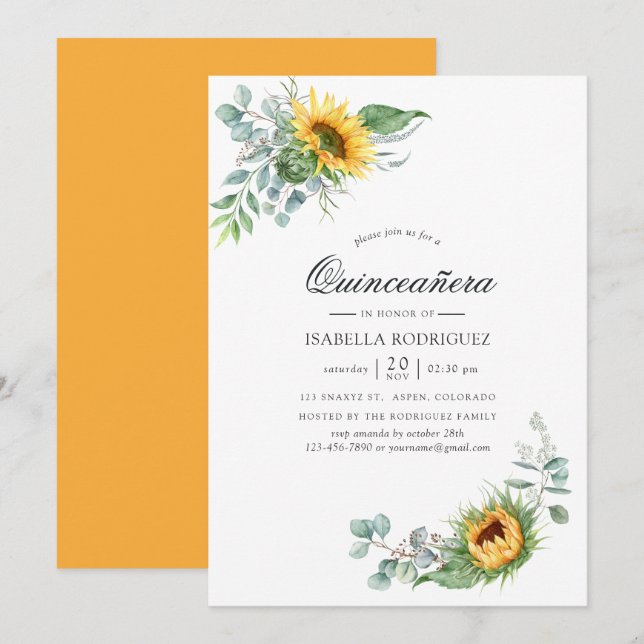 Invitation Boho Tournesol Eucalyptus Quinceañera (Devant / Derrière)