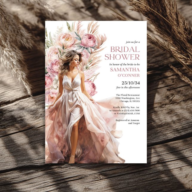 Invitation Boho tourterelles roses pampas herbe eucalyptus (Boho dusty pink peonies pampas grass eucalyptus invitation)