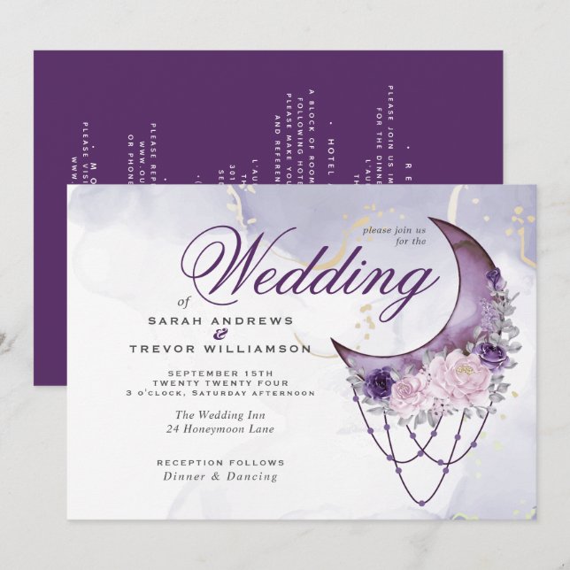 Invitation Boho tout en un Mariage Amethyst Crescent Moon (Devant / Derrière)