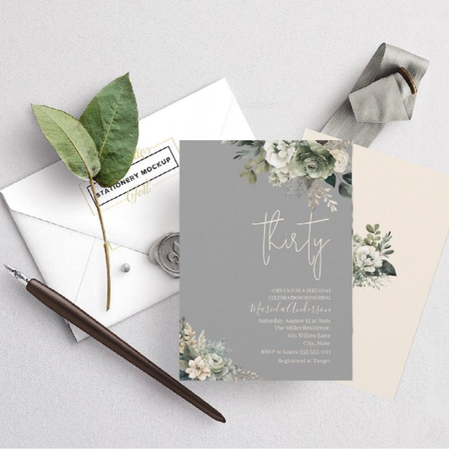 Invitation Boho trente sauge fleurs vertes aquarelle annivers (Créateur téléchargé)