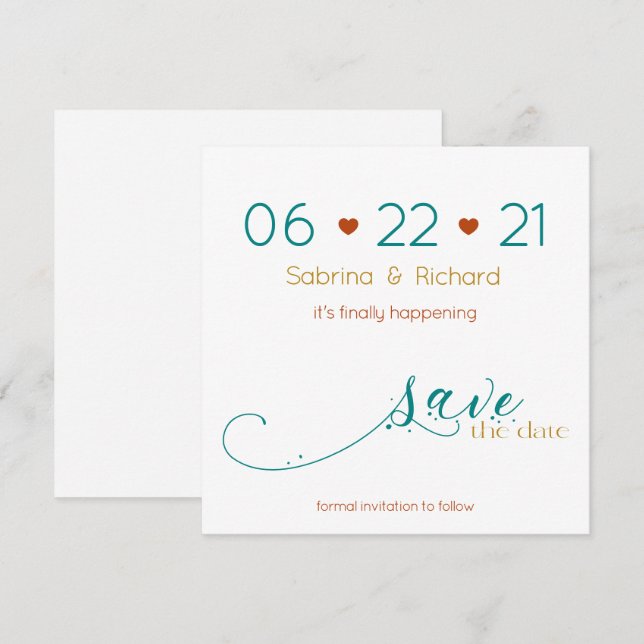 Invitation BOHO Tri-Color Minimal Rust Turquoise Gold Savethe (Devant / Derrière)
