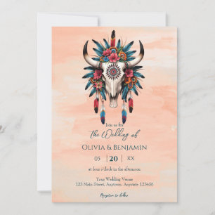 Invitation Boho Tribal Aquarelle Floral Vache Mariage crâne