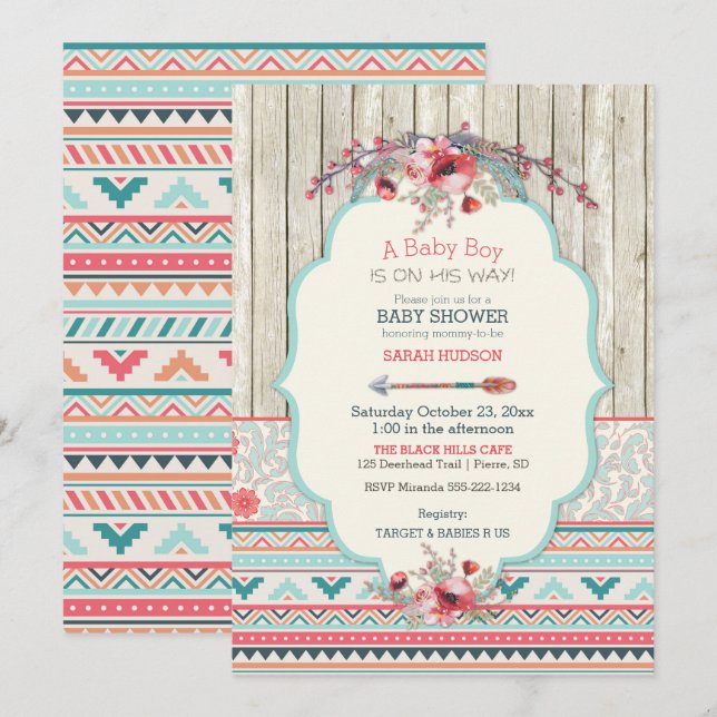 Invitation Boho Tribal Chic Rustique Fleurs Flèche en Bois (Devant / Derrière)