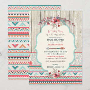 Invitation Boho Tribal Chic Rustique Fleurs Flèche en Bois