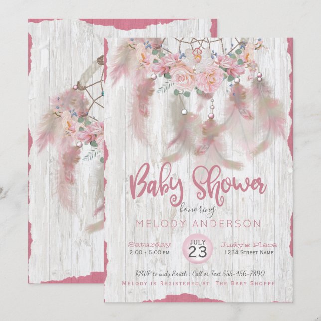 Invitation BOHO Tribal Floral Dream Catcher Baby shower rose (Devant / Derrière)