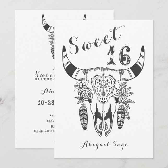 Invitation Boho Tribal Skull Bohemian Sweet sixteen Anniversa (Devant / Derrière)