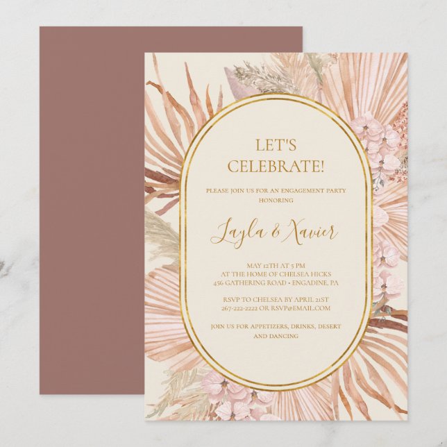 Invitation Boho Tropical Botanical Dusty Rose Célébrons (Devant / Derrière)