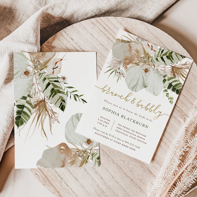 Invitation Boho Tropical Botanical Floral | Brunch et bulle (Créateur téléchargé)
