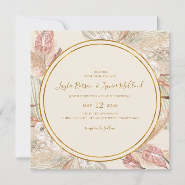 Invitation Boho Tropical Botanical Olive Green Mariage Carré (Devant)