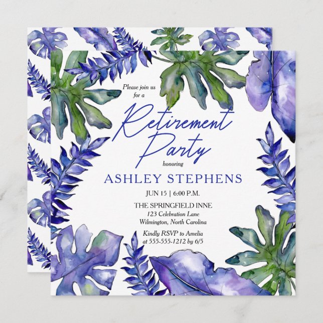 Invitation Boho Tropical Feuilles Purple Green Retraite Party (Devant / Derrière)