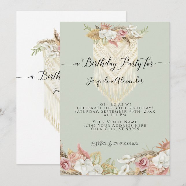 Invitation Boho Tropical Floral Pampas Grass fête d'anniversa (Devant / Derrière)