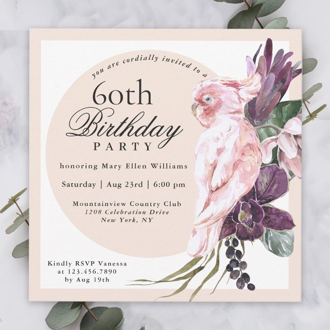 Invitation Boho Tropical Pink Parrot Floral 60e anniversaire (Créateur téléchargé)