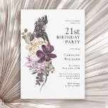 Invitation Boho Tropical Purple Parrot 21e fête d'anniversair<br><div class="desc">Une invitation unique boho tropical aquarelle florale 21ème anniversaire avec une palette de couleurs riches en violet, prune, beige (blanc cassé) et vert. Un beau grand perroquet violet se dresse sur un luxueux bouquet de fleurs tropicales exotiques. Le jeu de couleurs est parfait pour les fêtes d'anniversaire en toutes saisons...</div>