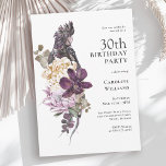 Invitation Boho Tropical Purple Parrot 30e anniversaire<br><div class="desc">Une invitation unique boho tropical aquarelle florale 30ème anniversaire avec une somptueuse palette de couleurs en violet, prune, beige (blanc cassé) et vert. Un beau grand perroquet violet se dresse sur un luxueux bouquet de fleurs tropicales exotiques. Le jeu de couleurs est parfait pour les fêtes d'anniversaire en toutes saisons...</div>