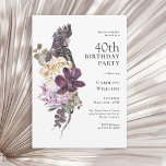 Invitation Boho Tropical Purple Parrot 40e anniversaire<br><div class="desc">Une invitation unique boho tropical aquarelle florale 40ème anniversaire avec une somptueuse palette de couleurs en violet, prune, beige (blanc cassé) et vert. Un beau grand perroquet violet se dresse sur un luxueux bouquet de fleurs tropicales exotiques. Le jeu de couleurs est parfait pour les fêtes d'anniversaire en toutes saisons...</div>