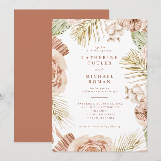 Invitation Boho Tropical Rose Mariage (Devant / Derrière)