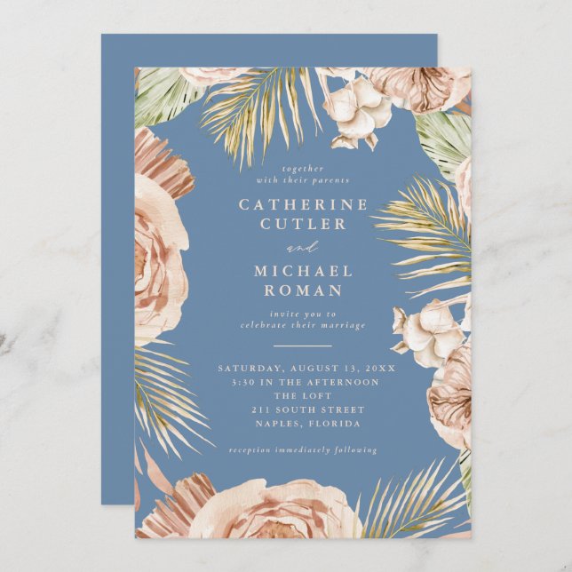 Invitation Boho Tropical Roses Dusty Blue Mariage (Devant / Derrière)