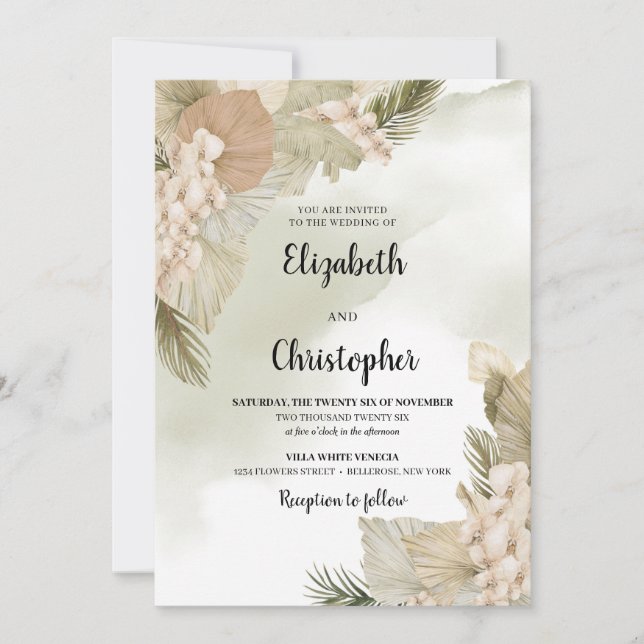 Invitation Boho Tropical séché Palm Feuille Rose Orchid blanc (Devant)