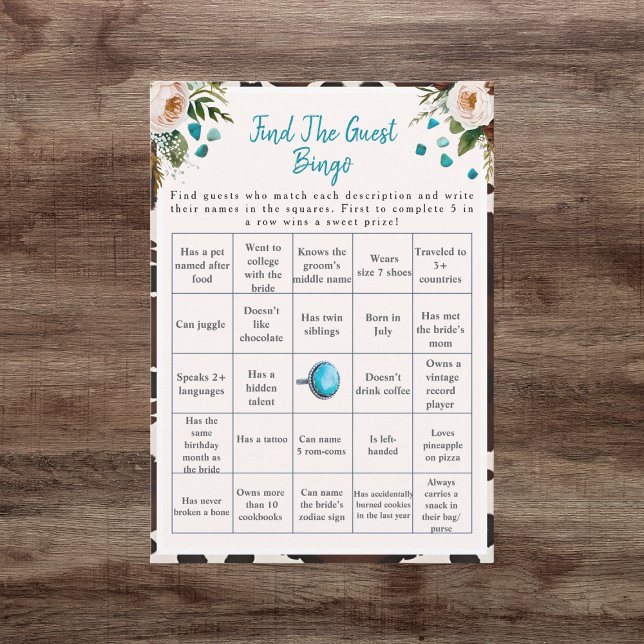 Invitation Boho Trouvez le jeu de Bingo pour la fête de douch (Boho Find the Guest Bridal Shower Bingo game)