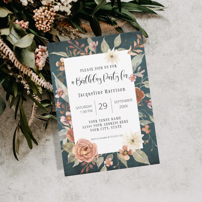 Invitation BOHO Turquoise Automne Automne Floral Anniversaire (Créateur téléchargé)
