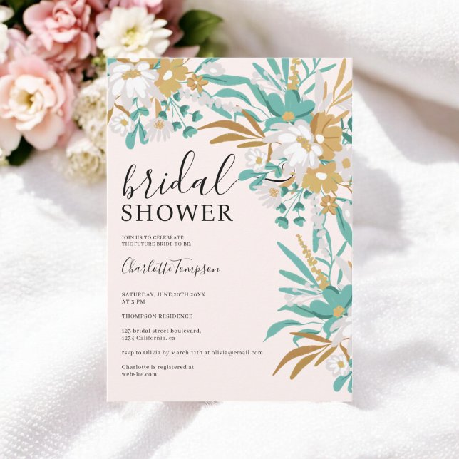 Invitation Boho Turquoise et or Floral Fête des mariées roman (Boho Teal and Gold Floral Romantic Bridal Shower Invitation)
