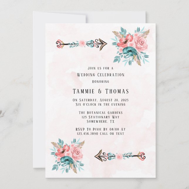 Invitation Boho Turquoise et rose pivoine Flèches Mariage (Devant)