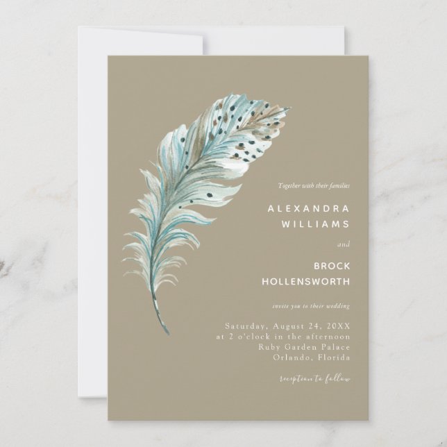 Invitation Boho Turquoise Plumes Bleues Minimal Beige de Sabl (Devant)