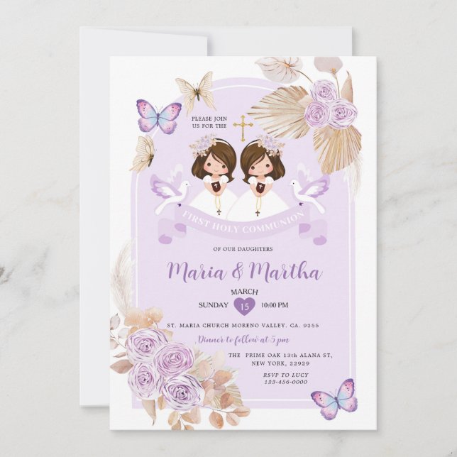 Invitation Boho TWIN Fille Première Sainte Communion Fleurs p (Devant)