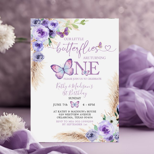 Invitation Boho Twin Purple Butterfly First Birthday Floral (Créateur téléchargé)